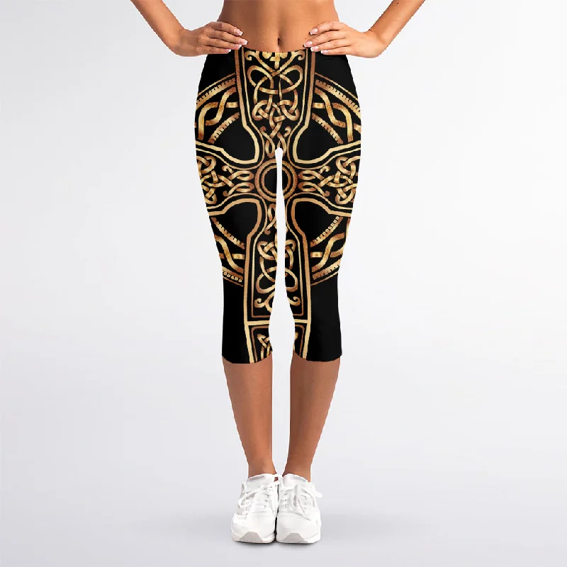 Gold Celtic Knot Cross Print Women's Capri Leggings Trendy Black Mesh Leggings