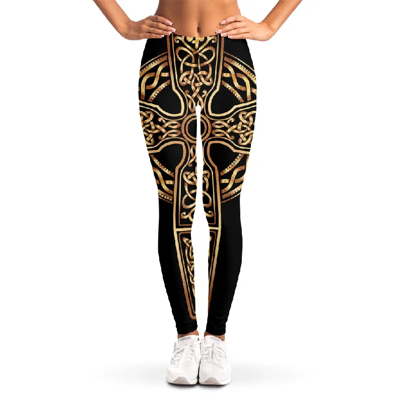 Gold Celtic Knot Cross Print Women's Leggings Stylish Pockets Active Leggings