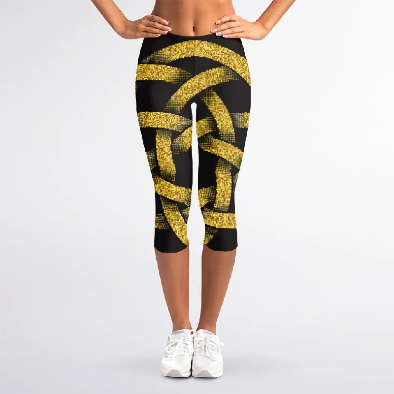 Gold Circle Celtic Knot Symbol Print Women's Capri Leggings Comfortable Cold Weather Leggings Gold Circle Celtic Knot Symbol Print Women's Capri Leggings Comfortable Cold Weather Leggings