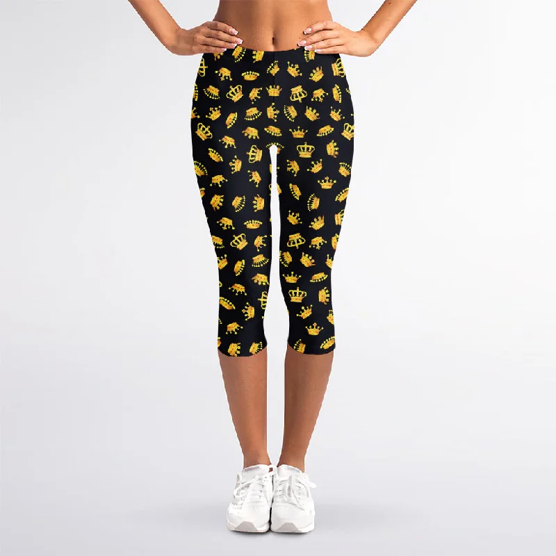 Gold Crown Pattern Print Women's Capri Leggings Trendy Adjustable Waist Leggings