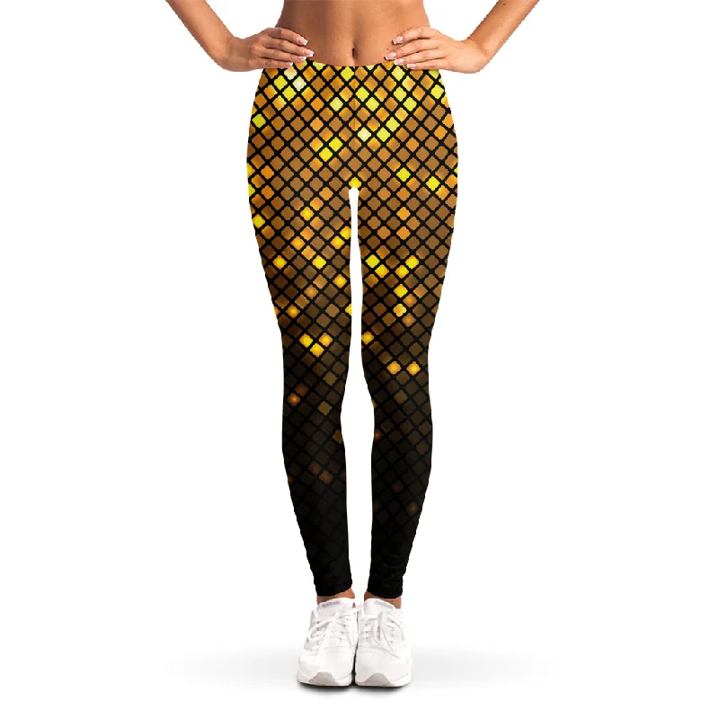 Gold Disco Lights Pattern Print Women's Leggings Trendy Foil Finish Leggings