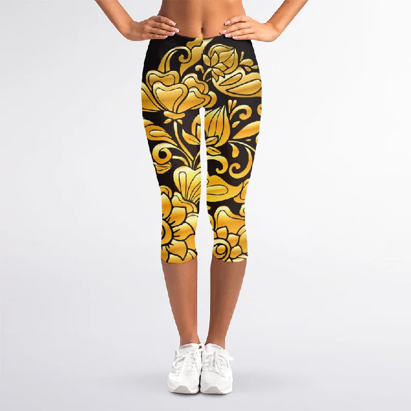 Gold Easter Egg Print Women's Capri Leggings Stylish Stretch Pants Leggings