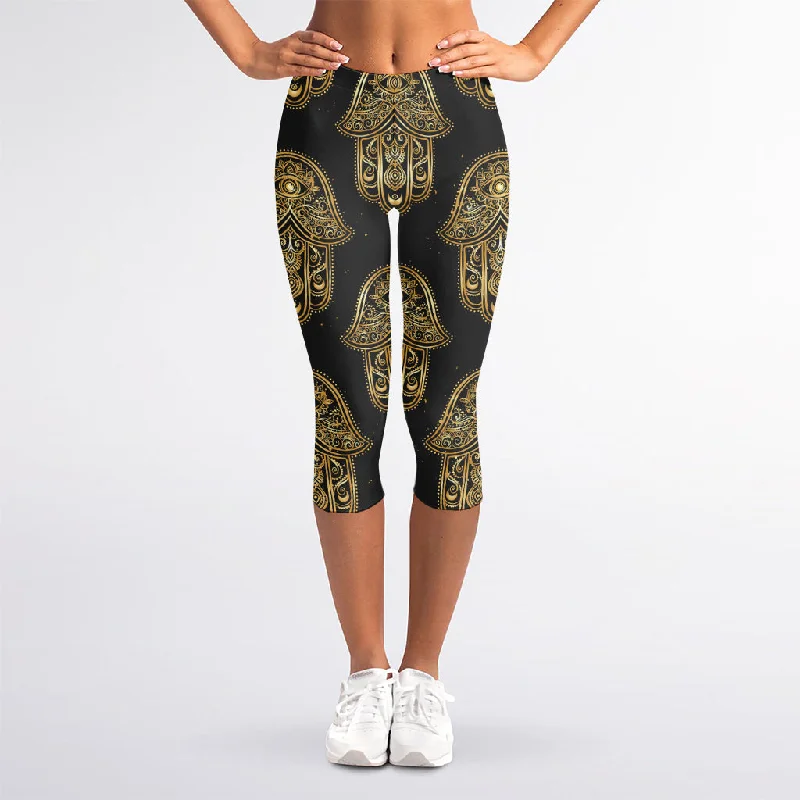 Gold Hamsa Pattern Print Women's Capri Leggings Comfortable Running Leggings