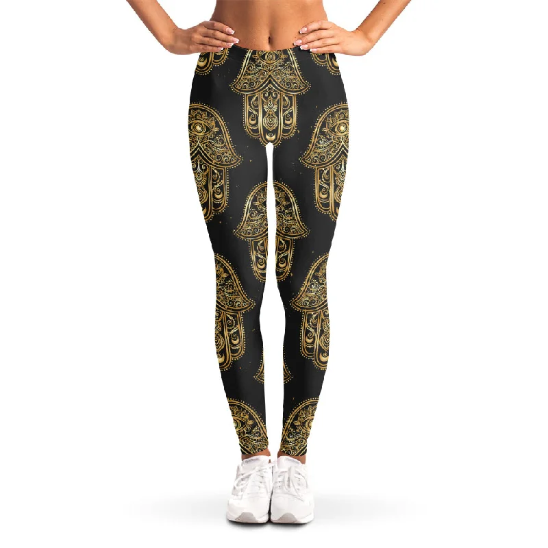 Gold Hamsa Pattern Print Women's Leggings Chic Velvet Soft Leggings