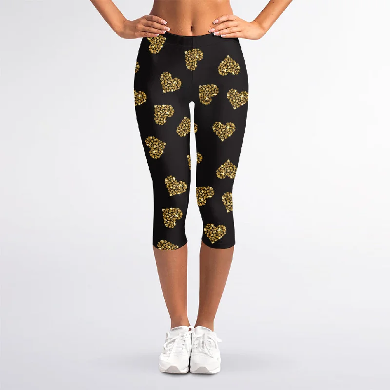 Gold Heart (NOT Real) Glitter Print Women's Capri Leggings Comfortable Stretch Leggings Gold Heart (NOT Real) Glitter Print Women's Capri Leggings Comfortable Stretch Leggings
