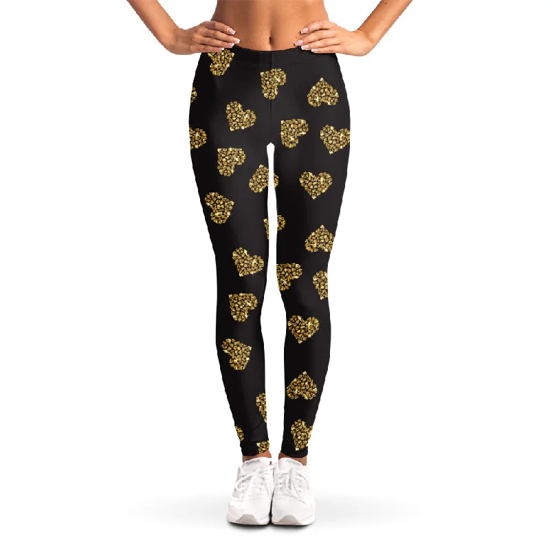Gold Heart (NOT Real) Glitter Print Women's Leggings Cozy Mid-Rise Workout Leggings