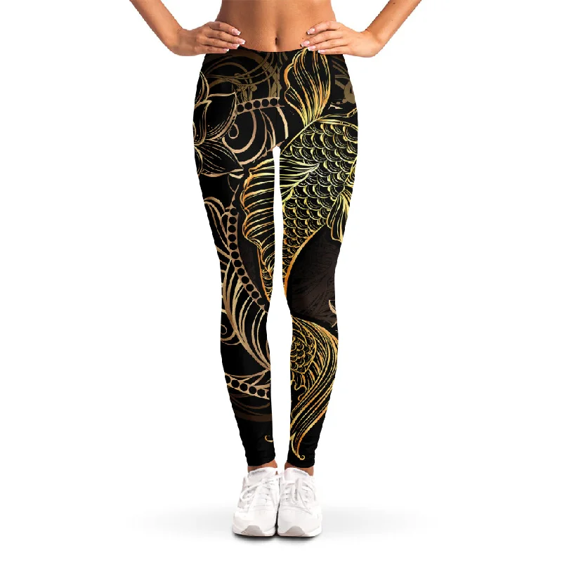 Gold Koi Carp Fish Print Women's Leggings Elegant Stretchy Faux Leather Leggings