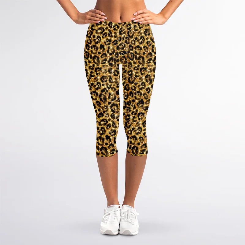 Gold Leopard (NOT Real) Glitter Print Women's Capri Leggings Stylish Colorful Activewear Leggings Gold Leopard (NOT Real) Glitter Print Women's Capri Leggings Stylish Colorful Activewear Leggings
