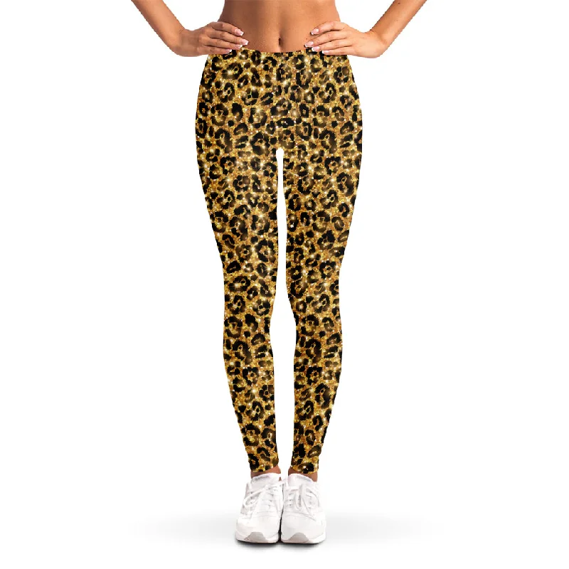 Gold Leopard (NOT Real) Glitter Print Women's Leggings Chic Workout Leggings