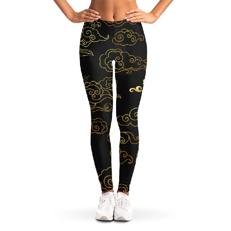 Gold Moon And Sun Print Women's Leggings Elegant Satin Finish Leggings