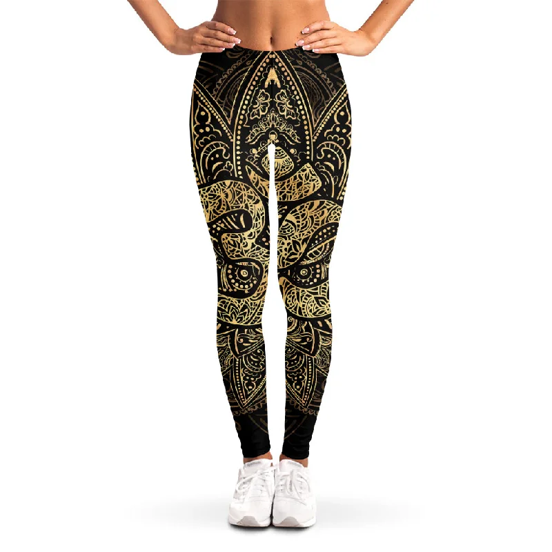 Gold Om Lotus Print Women's Leggings Cozy Sweat-Wicking Leggings