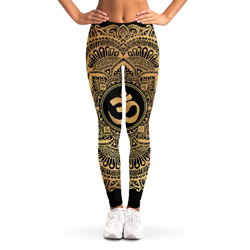 Gold Om Mandala Print Women's Leggings Chic Floral Print Leggings