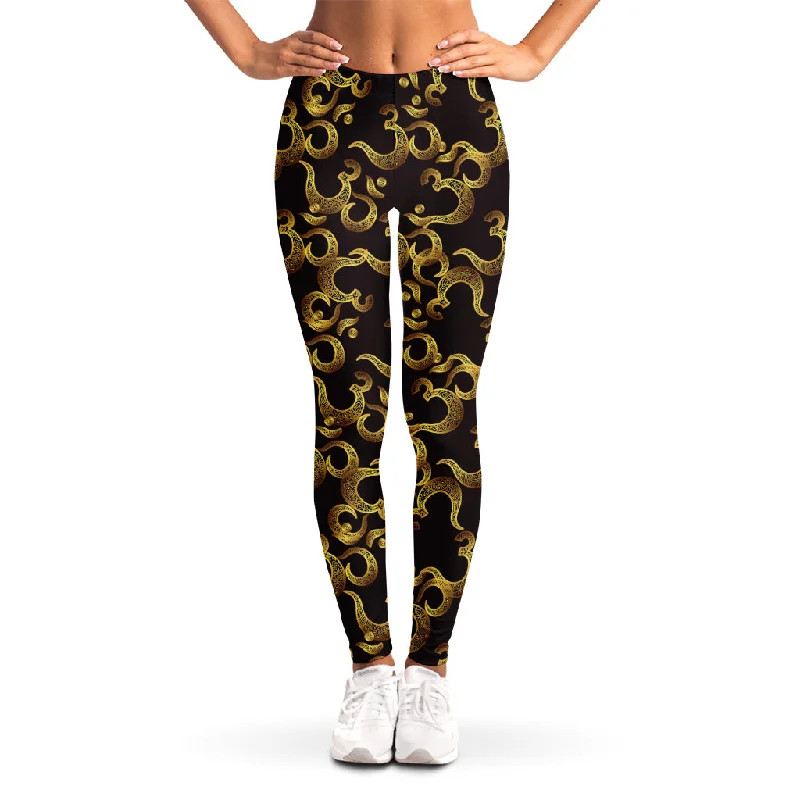 Gold Om Symbol Pattern Print Women's Leggings Trendy Sports Performance Leggings