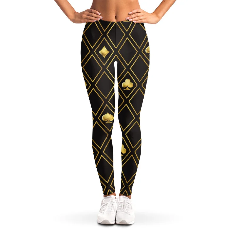 Gold Playing Card Suits Pattern Print Women's Leggings Trendy Mesh Leggings