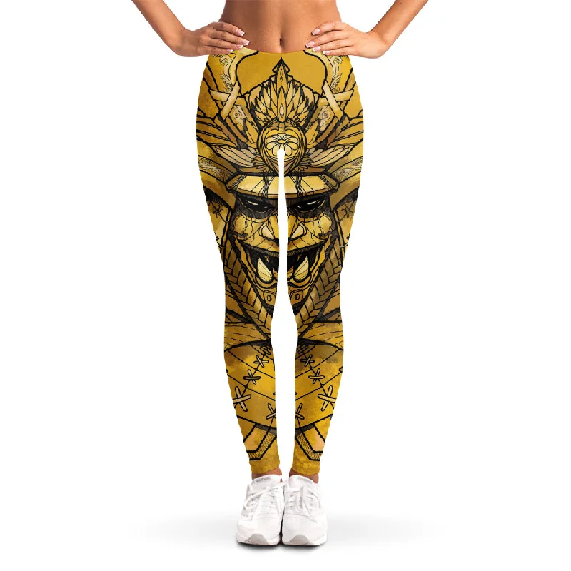 Gold Samurai Mask Print Women's Leggings Stylish Printed Stretch Leggings