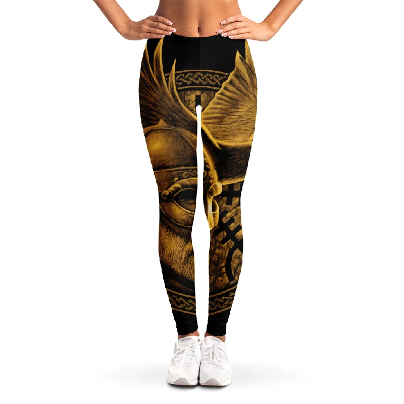 Gold Viking God Odin And Crow Print Women's Leggings Trendy Activewear Leggings