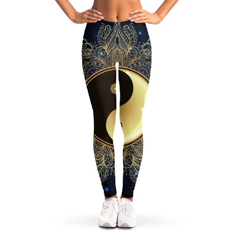 Gold Yin Yang Mandala Print Women's Leggings Comfortable Fleece-Lined Leggings