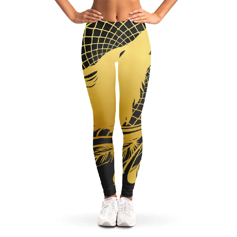 Golden Bohemian Howling Wolf Print Women's Leggings Trendy Patterned Leggings