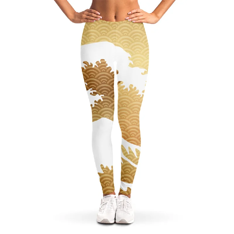 Golden Kanagawa Wave Print Women's Leggings Stylish Lightweight Leggings