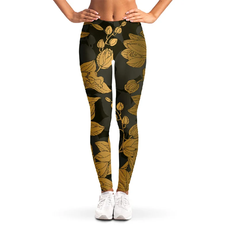 Golden Orchid Pattern Print Women's Leggings Fashionable Moisture-Wicking Leggings