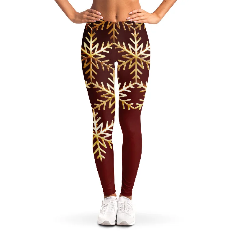 Golden Snowflake Print Women's Leggings Comfortable Slip-On Compression Leggings
