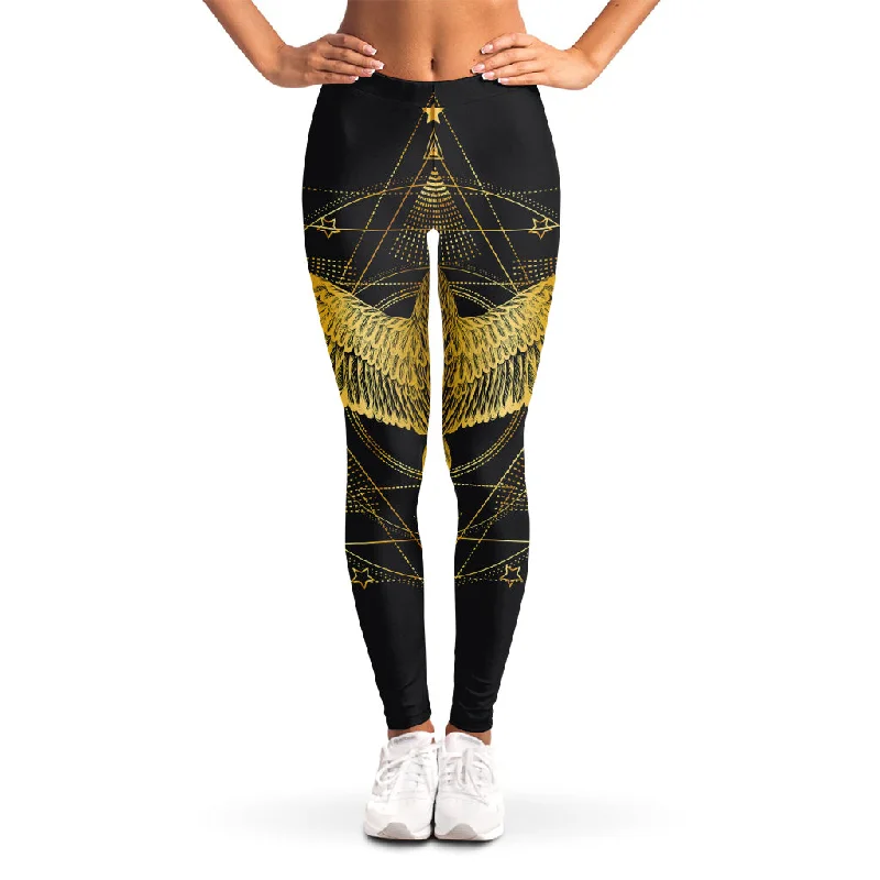 Golden Spiritual Bird Print Women's Leggings Cozy Yoga Compression Leggings
