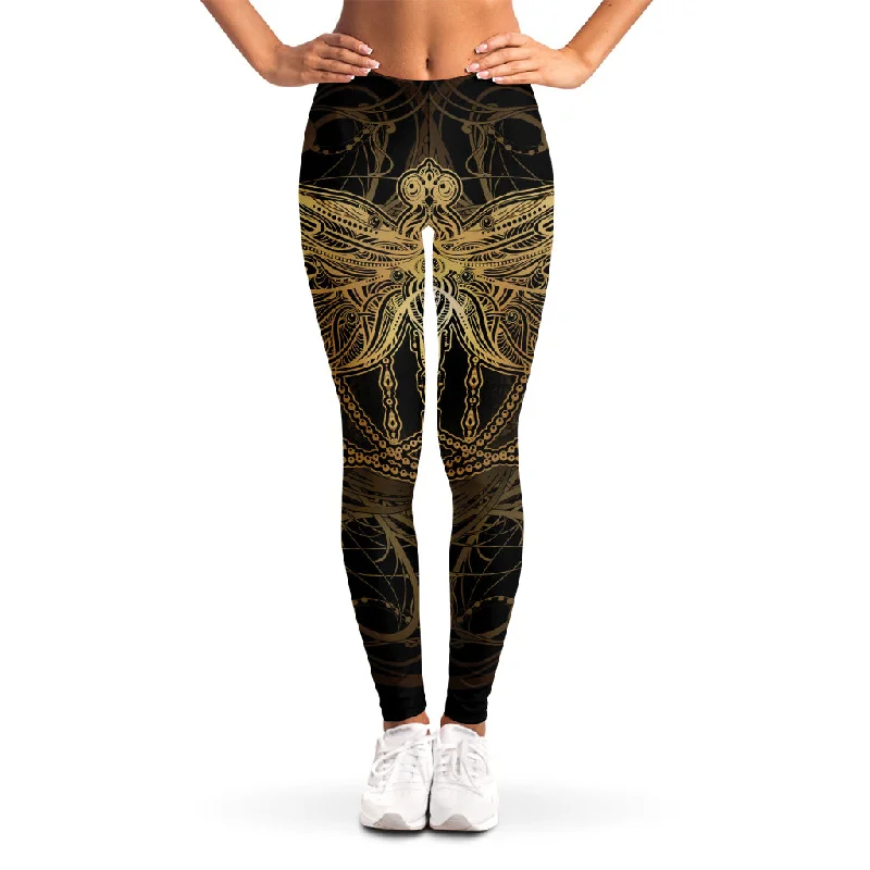Golden Spiritual Dragonfly Print Women's Leggings Stylish Capri Leggings