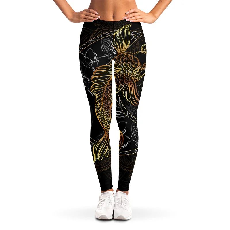 Golden Spiritual Koi Fish Print Women's Leggings Trendy High-Compression Leggings
