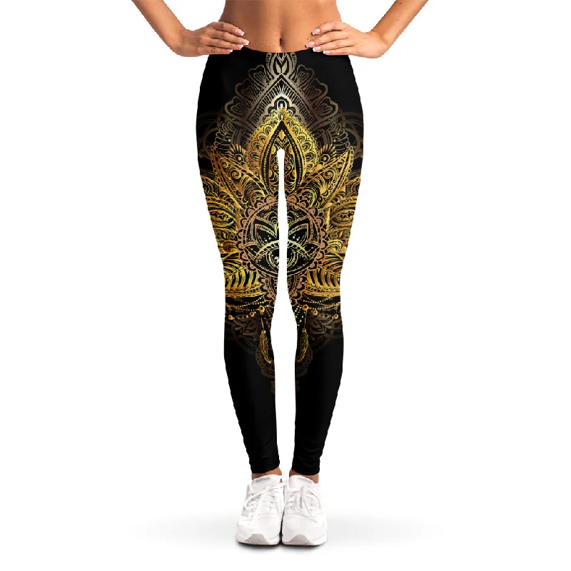 Golden Spiritual Lotus Print Women's Leggings Comfortable Bootcut Workout Leggings
