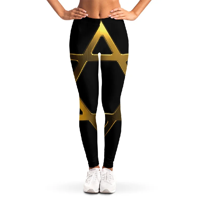 Golden Star of David Print Women's Leggings Trendy Sweat-Wicking Workout Leggings