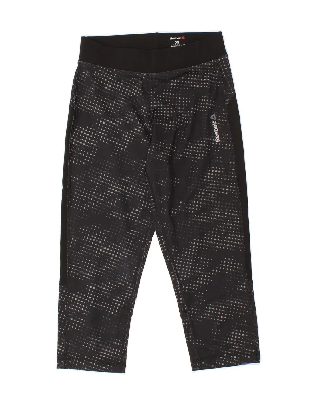 REEBOK Womens Capri Leggings UK 4 XS  Black Spotted Polyester Trendy Foil Finish Leggings